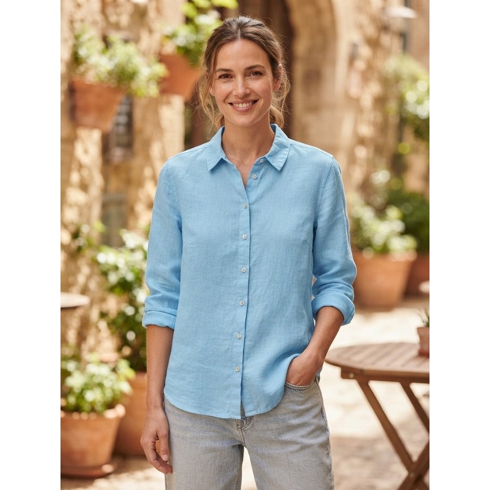J. Jill Button Down Long Sleeve Love Linen Shirt Women's L Blue Coastal Vacation
